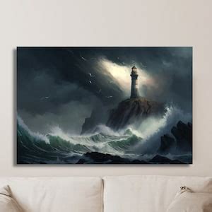 Oil Painting of Lighthouse in Storm Print on Canvas Wall Art Classic Painting Beautiful Vintage ...