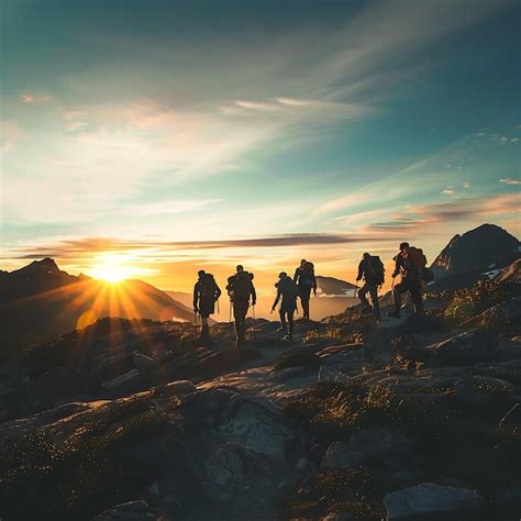 Group Of Hikers In The Mountains At Sunset Hikers With Backpacks