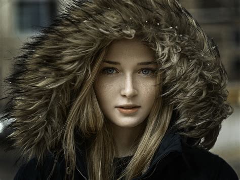 Hoods Black Jackets 1080P Blonde Women Depth Of Field Portrait