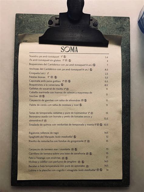 Menu at Soma restaurant, Barcelona