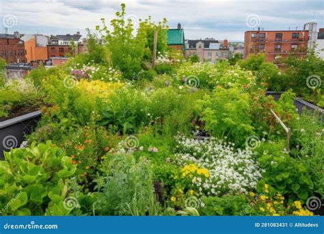 Green Rooftop Garden Filled With Lush Greenery Blooming Flowers And A