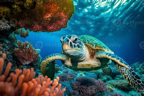 Sea Turtle Swimming In The Under Sea Beautiful Underwater And