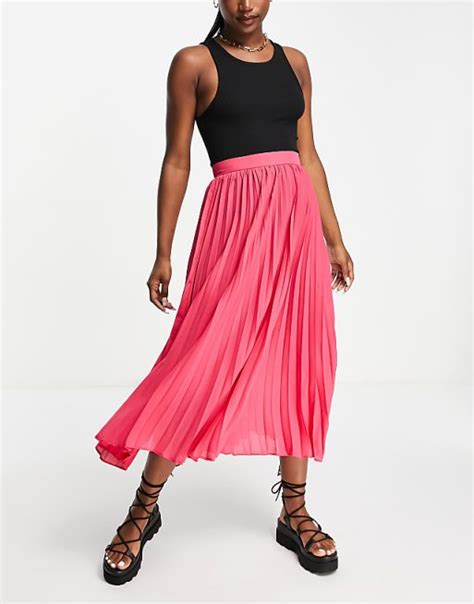 Asos Design Pleated Midi Skirt In Pink Asos