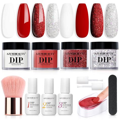 AZUREBEAUTY 12 PCS Dip Powder Nail Starter Kit Red White Silver Glitter