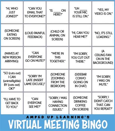 Amped Up Learnings Virtual Meeting Bingo Game Free Of Course 6