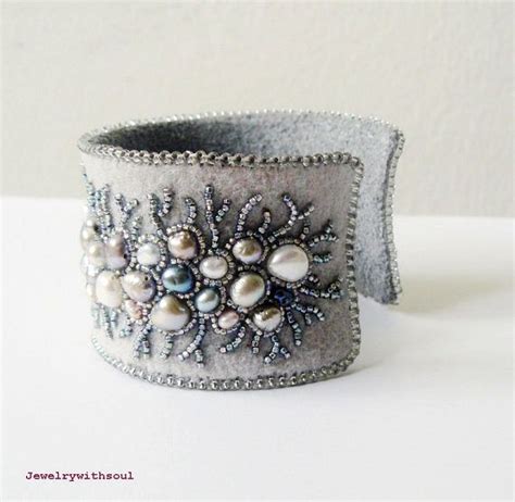 Bead Embroidery Cuff Bracelet Freshwater Pearl Cuff Winter Etsy