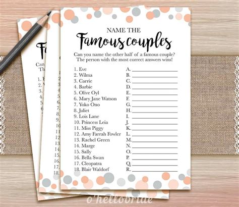 Name The Famous Couple Match Game Printable Coral Bridal Etsy