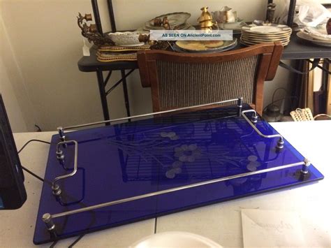 Antique Art Deco Etched Cobalt Blue Glass And Chrome Handles Cocktail Serving Tray