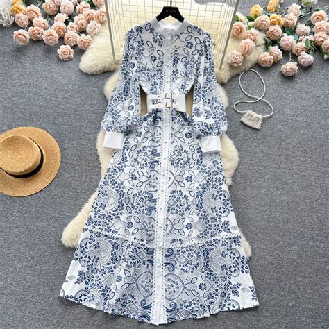 Fashion Runway Spring Dress Women S O Neck Lantern Sleeve Belt Single