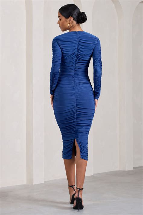 Elisabeth Cobalt Blue V Neck Long Sleeved Midi Dress Club L London Uk