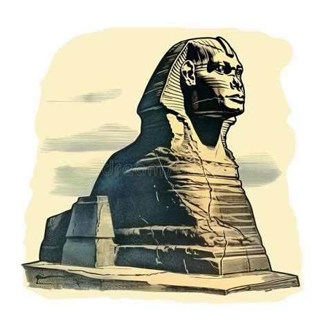 Vintage Egyptian Sphinx Drawing Isolated Print Stamp On White