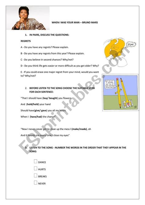 Song When I Was Your Man ESL Worksheet By Juliana Sena