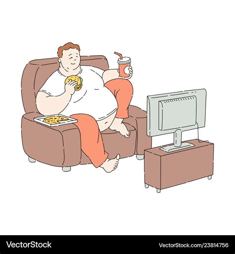 Flat Overweight Obese Unhappy Man Fastfood Vector Image