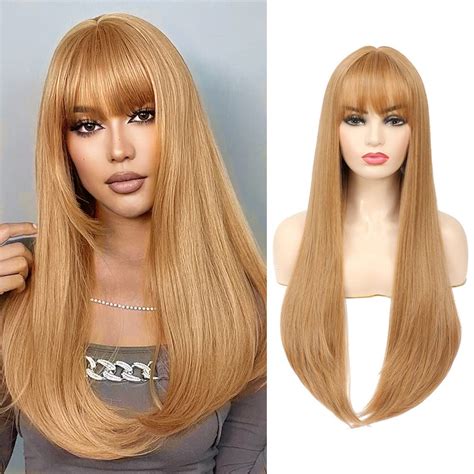 Amazon SOKU Strawberry Blonde Natural Straight Wig With Bangs 28