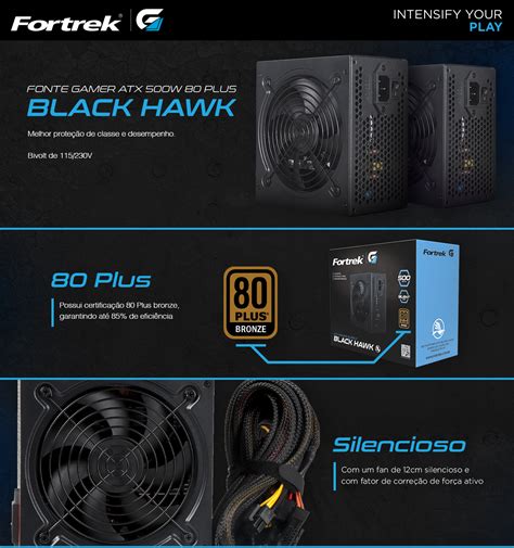 Fonte Gamer Atx Fortrek Black Hawk W Plus Bronze Pfc Ativo Mundomax