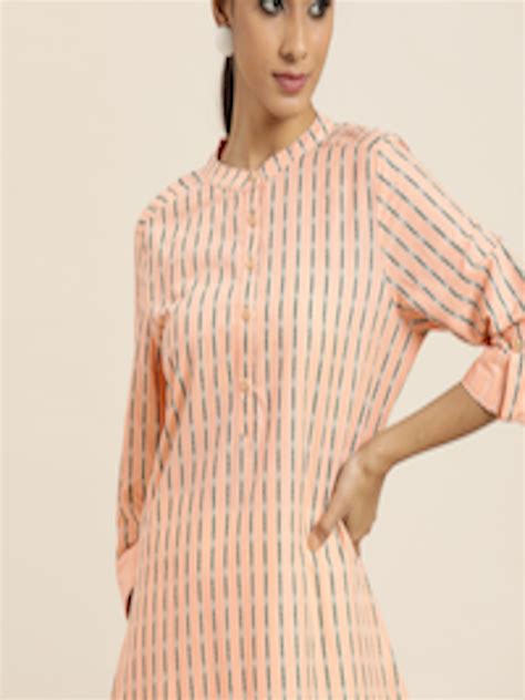 Buy Moda Rapido Women Peach Coloured Green Pure Cotton Striped