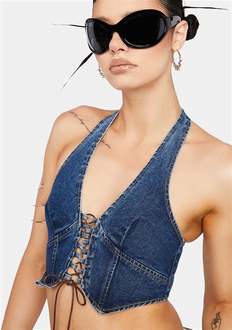 Momokrom Denim Lace Up Halter Crop Top Blue Dolls Kill