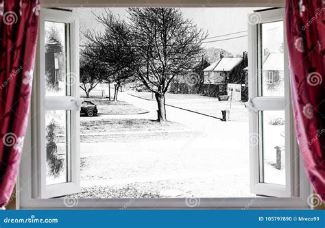 Beautiful Winter Scene Through An Open Window Stock Photo Image Of