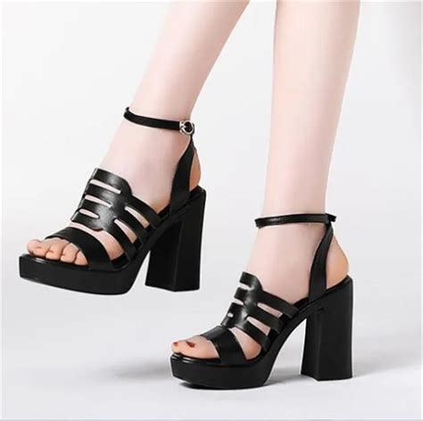 Pxelena Chunky Block High Heels Gladiator Sandals Women Genuine Cow