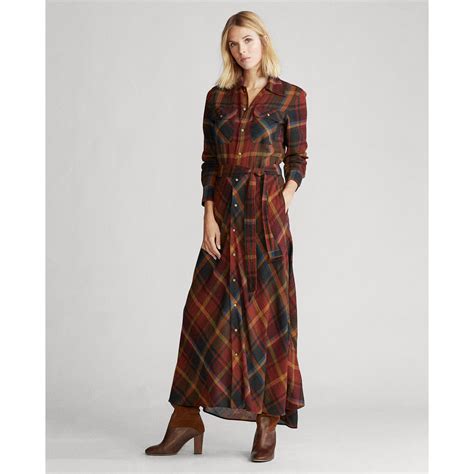 Polo Ralph Lauren Plaid Wool Shirtdress In Brown Lyst