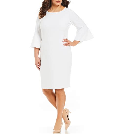 Calvin Klein Plus Size Round Neck Bell Sleeve Sheath Dress White 14W