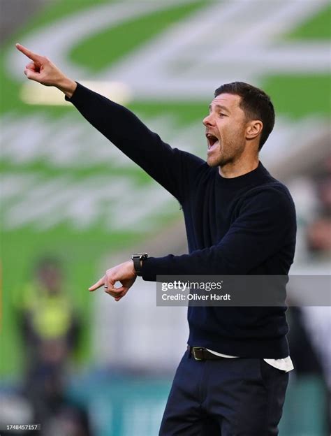 Xabi Alonso, Head Coach of Bayer Leverkusen, gestures as he gives the ...