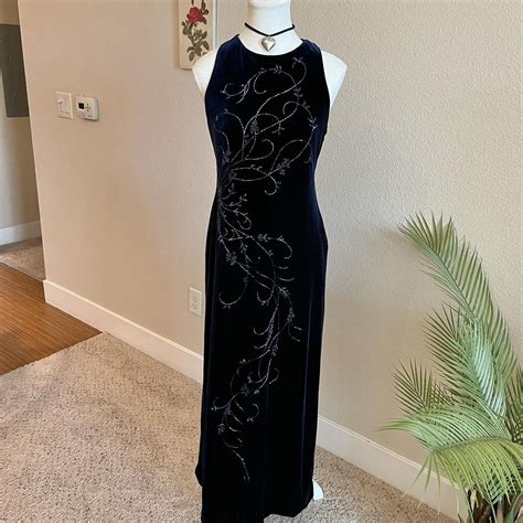 Vintage 90 S Whimsigoth Halter Navy Velvet Maxi Depop