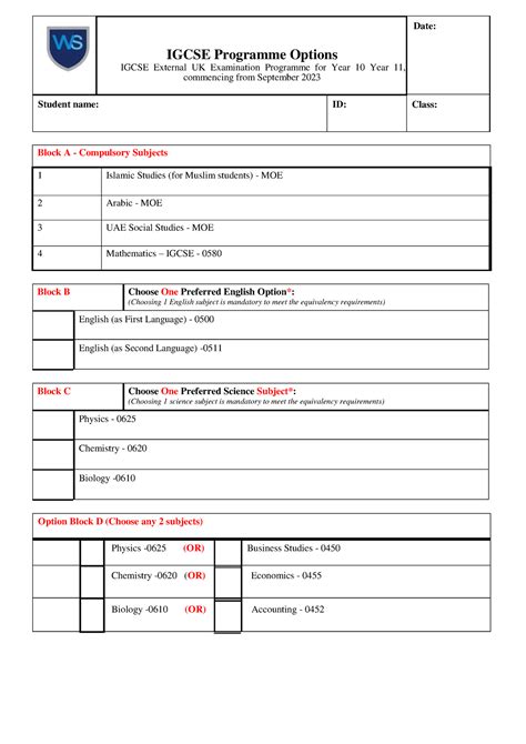 Igcse Programme Options Form September 2022 Igcse Programme Options