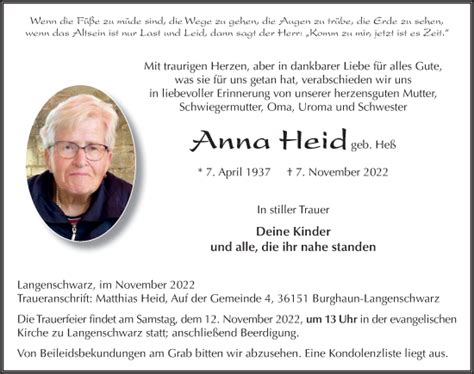 Traueranzeigen Von Anna Heid Trauer De