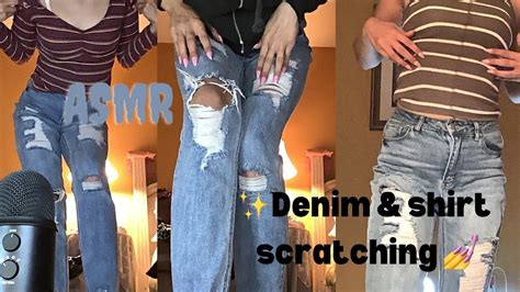 ASMR Denim Jeans Scratching Ribbed Shirt Jacket Scratching Zipper