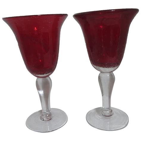 Pair Of Blown Glass Ruby Red Bowl With Bubbles Clear Stem And Base Ruby Lane