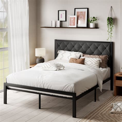 Sha Cerlin Queen Size Metal Platform Bed Frame Tufted Headboard Underbed Storage No Box