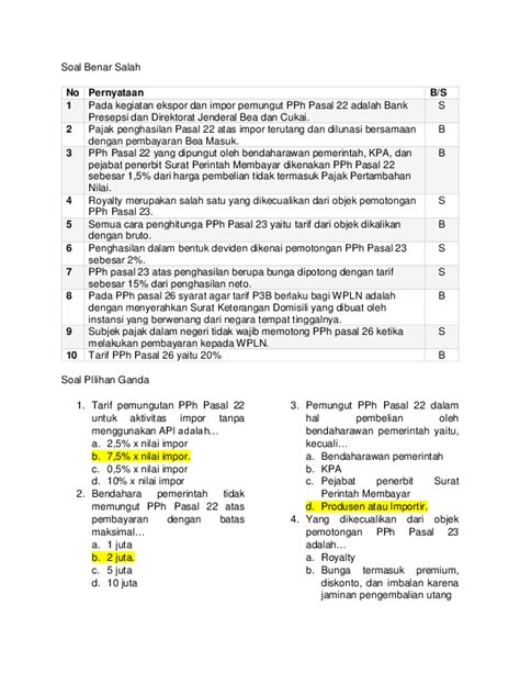 Doc Contoh Soal Benar Salah Dan Pilgan Pph Potput