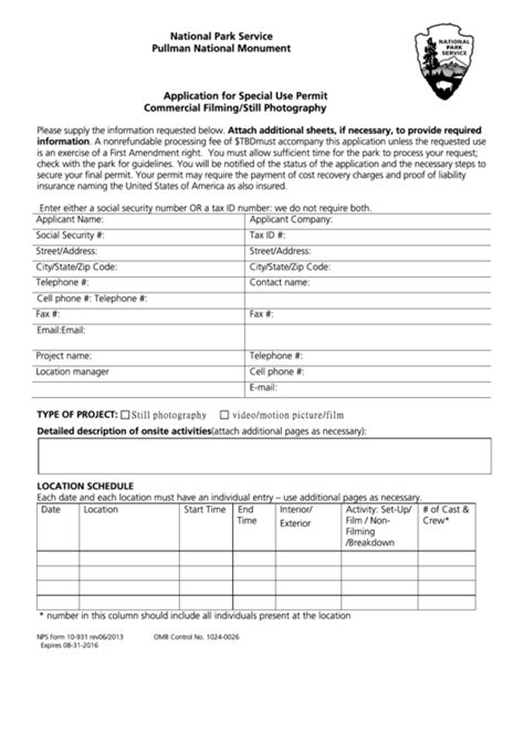 Nps Form 10 931 Application For Special Use Permit Commercial Filming