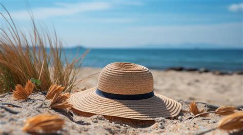 Premium AI Image | straw hat on beach sand