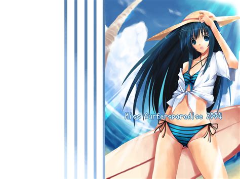 Bikini Blue Eyes Blue Hair Breasts Cleavage Clouds Hat Long Hair Sky Swimsuit Tree Water