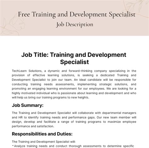 Free Training And Development Specialist Job Description Template Edit Online And Download