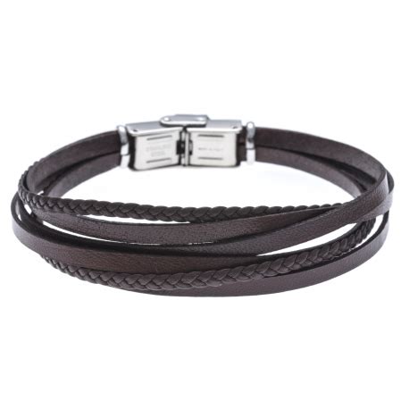 Bracelet acier cuir et cuir tressé bleu marron 6 rangs 21 5cm