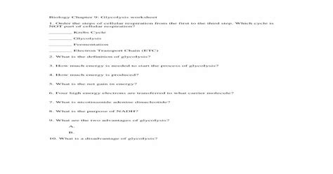 Biology Chapter 9 Glycolysis Worksheet Chapter 9 Glycolysis Worksheet