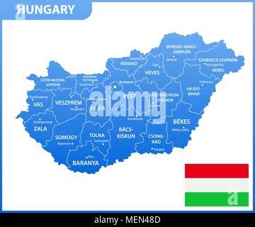 El detallado mapa de Hungría con regiones o estados y ciudades