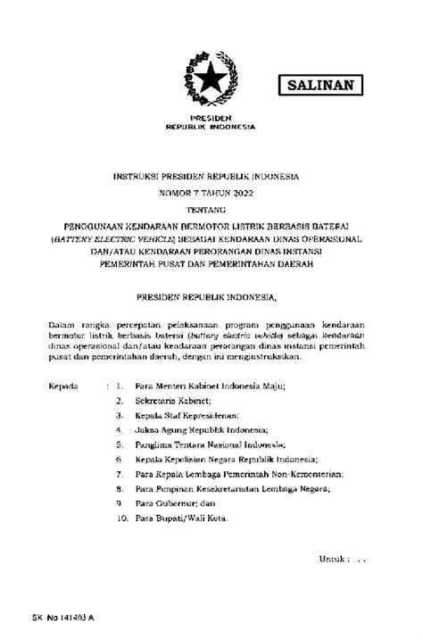 Instruksi Presiden No 7 Tahun 2022 Tentang Penggunaan Kendaraan