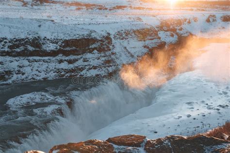 Beautiful Snow Covered Icelandic Landscape With Gullfoss Waterfall