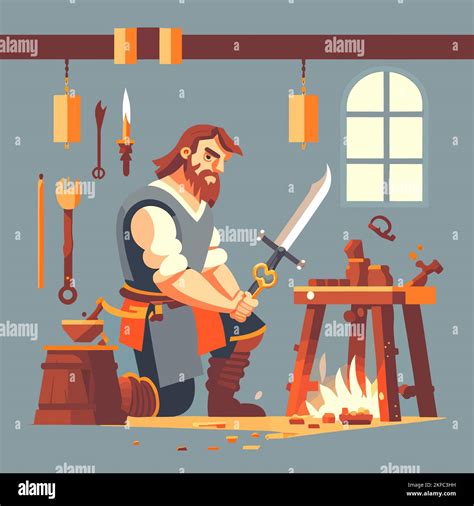 A Digital Art Of A Medieval Blacksmith Crafting A Sword Stock Vector