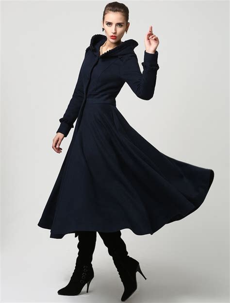 Long Wool Coat Vintage Inspired Navy Wool Swing Coat Womens Etsy