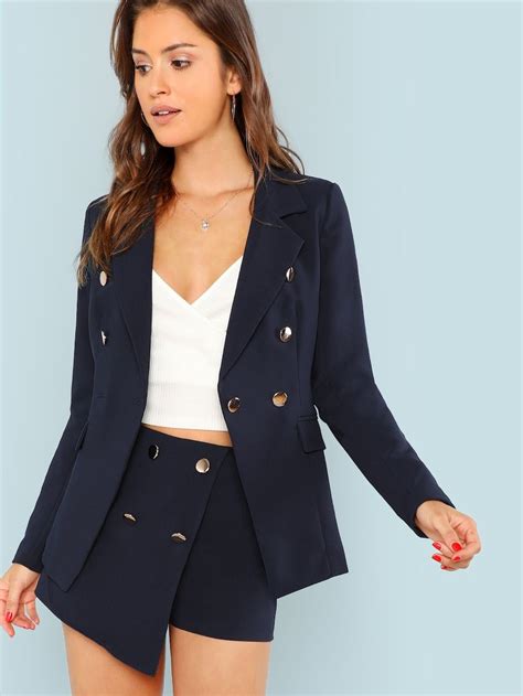 Double Breasted Solid Blazer Sheinsheinside Blazer And Shorts