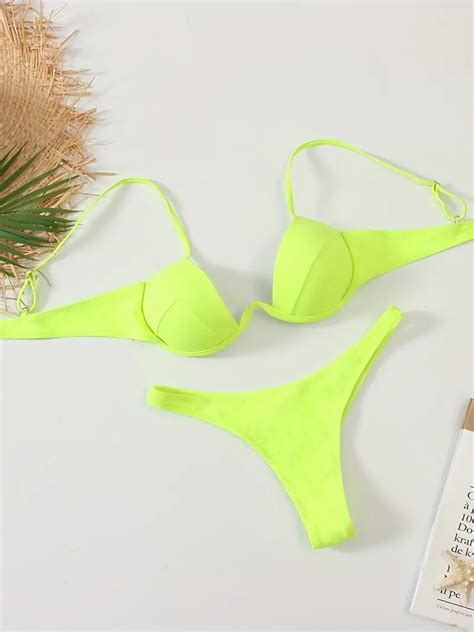 Solid Color Spaghetti Strap High Cut Bikini Medium Stretch Temu