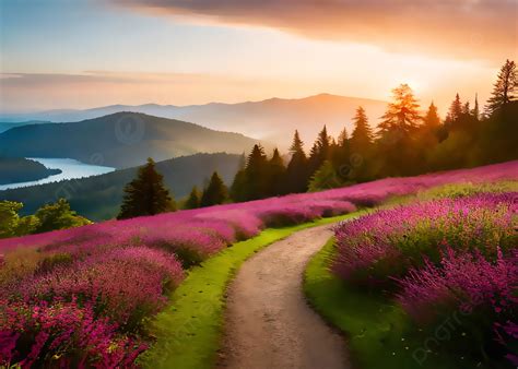 A Path In Flower Mountain Forest Sunset Nature Background Wallpaper