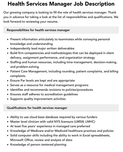 Health Services Manager Job Description Velvet Jobs