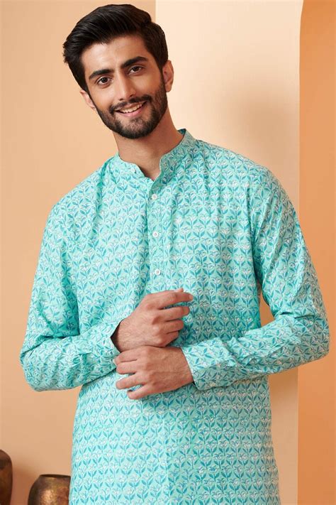 Buy Blue Hand Block Printed Modal Kurta For Men Fgmnk Farida Gupta