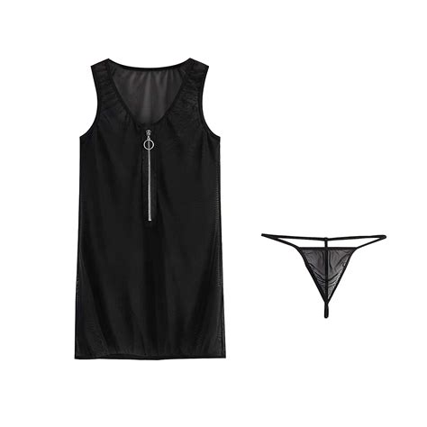 Women Sheer Mesh Lingerie Dress Bodycon See Through Dress With G String